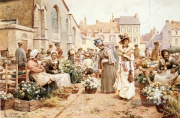  August Maler - Jr Alfred Augustus Blumenmarkt in einem Französisch Stadt Alfred Glendening